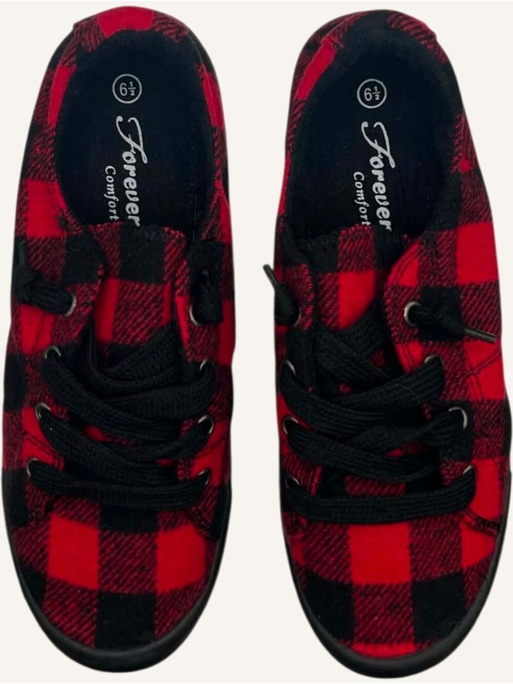 Forever Comfort Sutton Red Black Buffalo Plaid Sneakers Size 6.5 NWOB - Picture 4 of 8